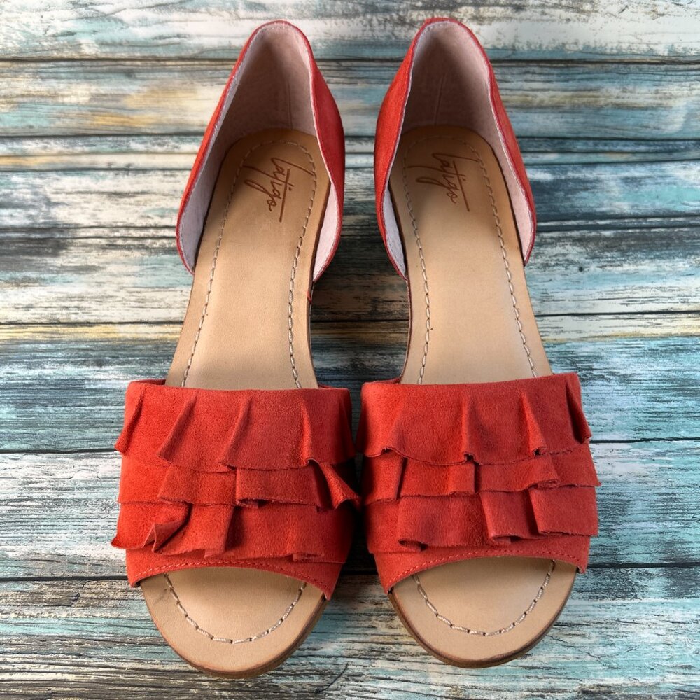 Latigo Shona D'Orsay Sandals Womens 11M Orange Suede Ruffled Cork Wedge Open Toe